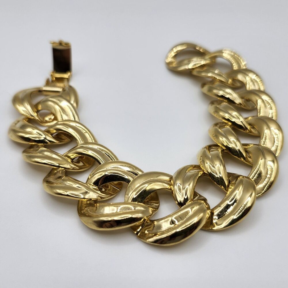 Gold Tone Curb Link Chain Bracelet 7.25" Box Clasp No Stone Unisex Adults